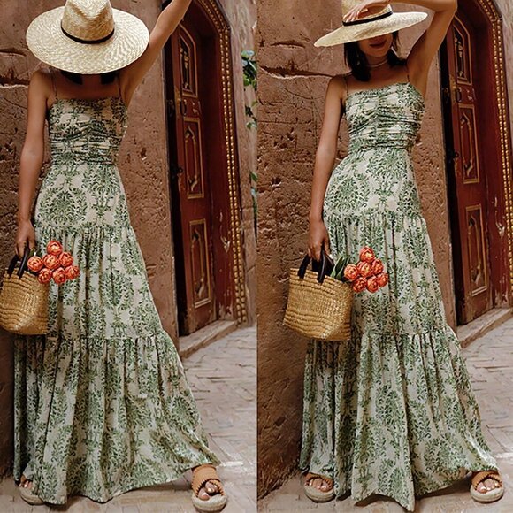 Army Green Boho Women's Vacation Printed Bohemian Backless Maxi Cami Dress - Picture 1 of 9